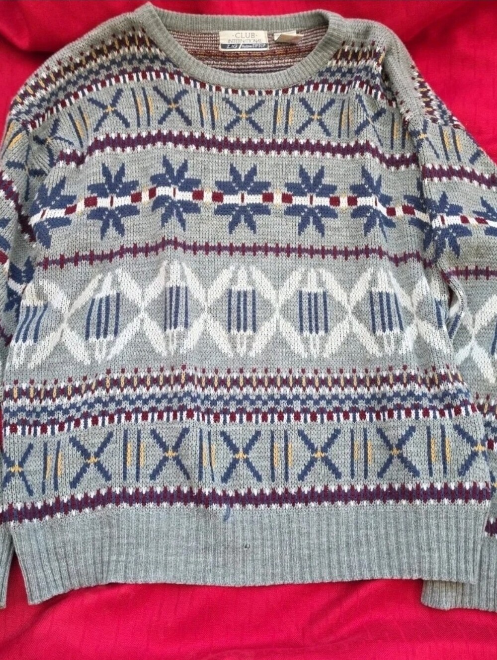 Vintage Club International Sweater Mens L Grandpa Gray Burgundy 90s Knit Cabin